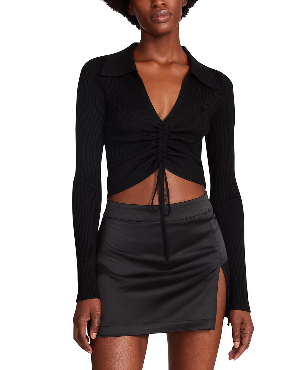 Steve Madden Women's Maggie Sweater - Long Sleeve V-Neck Top With Ruched Detail