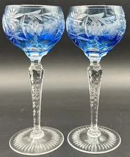 Nachtmann Traube Grape Cut Clear Crystal Hock Wine Glass Goblet Blue Pair