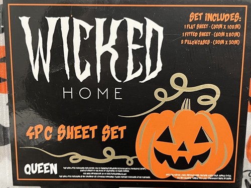 Wicked Home Colorful Halloween Pumpkins Bats Ghosts Skulls 4~pc Queen Sheet Set - Picture 3 of 3