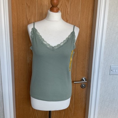 Primark Dusky Green Vest Top with Lace Trim (Size L - New with Tags)