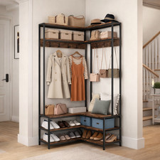 Corner Hall Tree L Shaped Coat Rack Hooks Shelves Shoe Bench Entryway Brown Unit