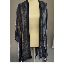 Chicos OS Blue Paisley Floral Fringe Kimono Cardigan Shawl Wrap