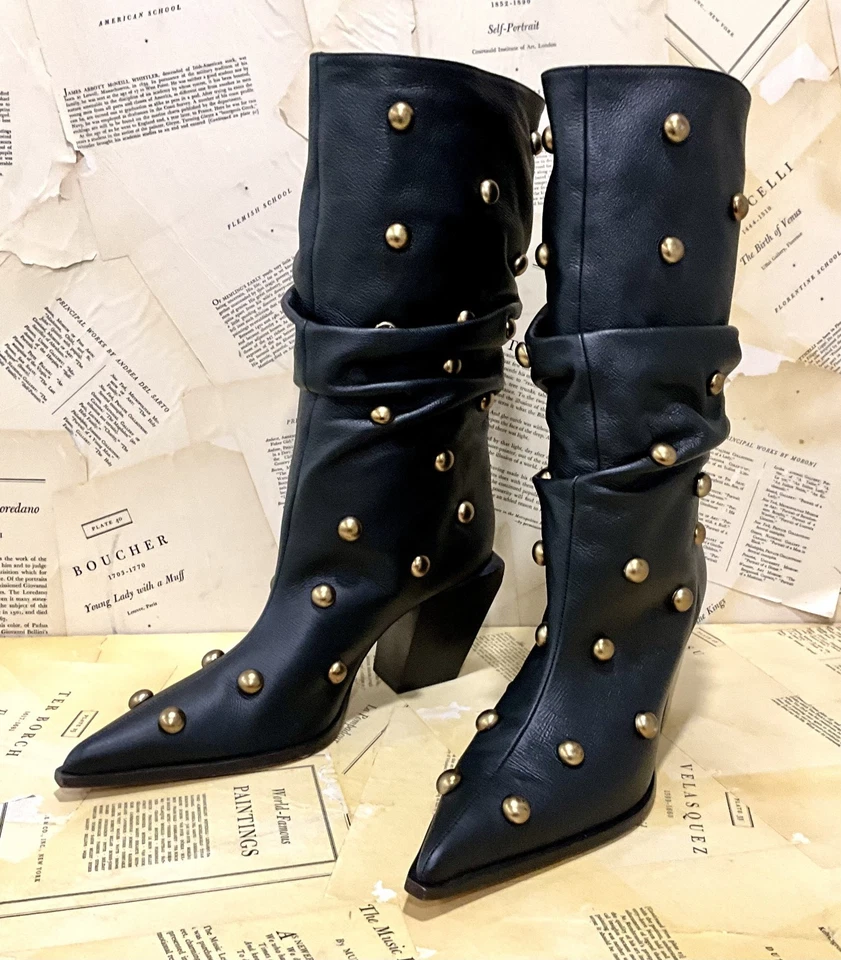 Anthropologie Schutz Tulsa с заклепками загрузки из черной кожи сутулиться носок 10 новый - Изображение 2 из 4