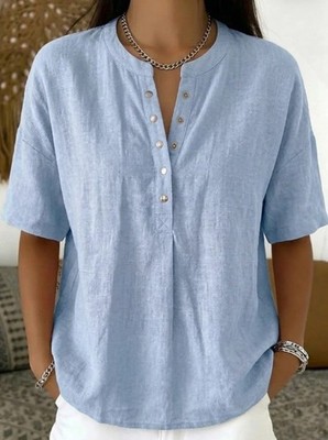 Womens V-Neck Short Sleeve Blouse Casual Loose Solid Color Button Shirt
