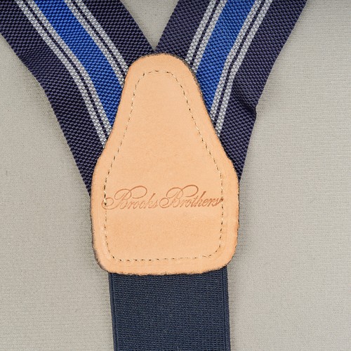 Brooks Brothers Silk Suspenders Navy White Stripes Leather Button Style England - Picture 2 of 8