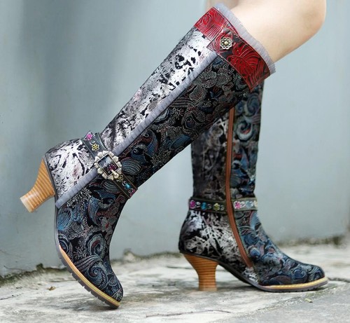 Womens manual Floral Splicing Palace style printing zipper Knee-High Boots shoes - Picture 7 of 10