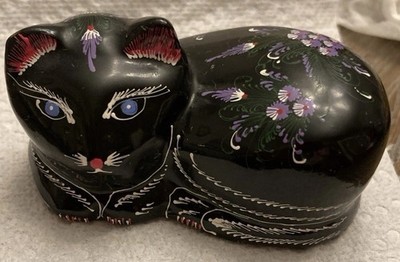 SmVintage BLACK CAT FIGURINE Wood Lacquer HAND-PAINTED FLORAL-Folk Art-Thailand