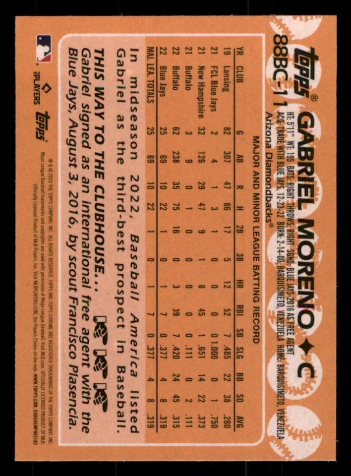 2023 Topps Chrome '88 Topps #88BC11 Gabriel Moreno - Image 2 of 2