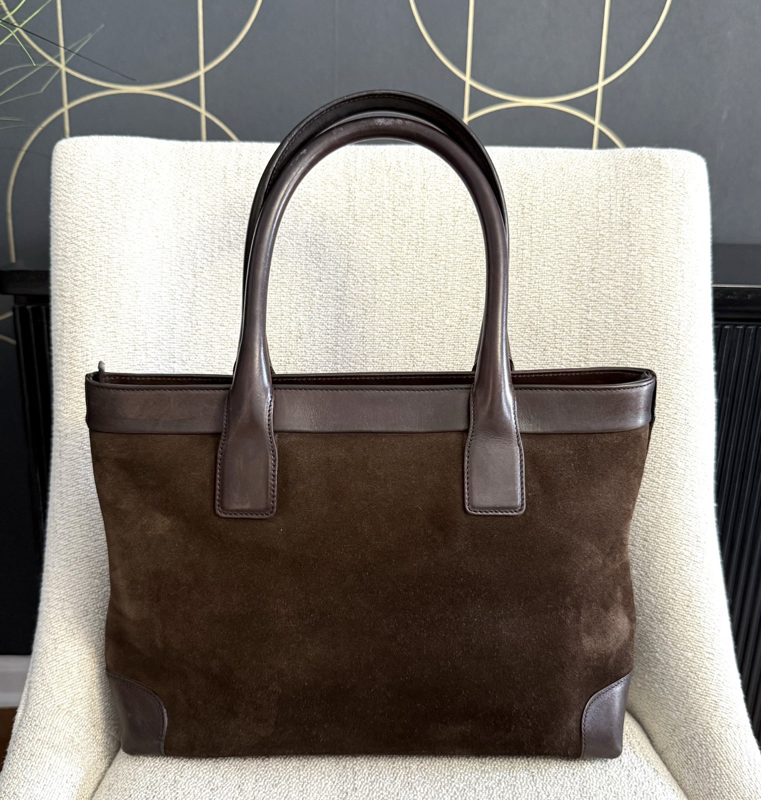 Gucci Authentic Brown Suede Medium Tote Bag Brown Leather Sherry Line Accents thumbnail 8