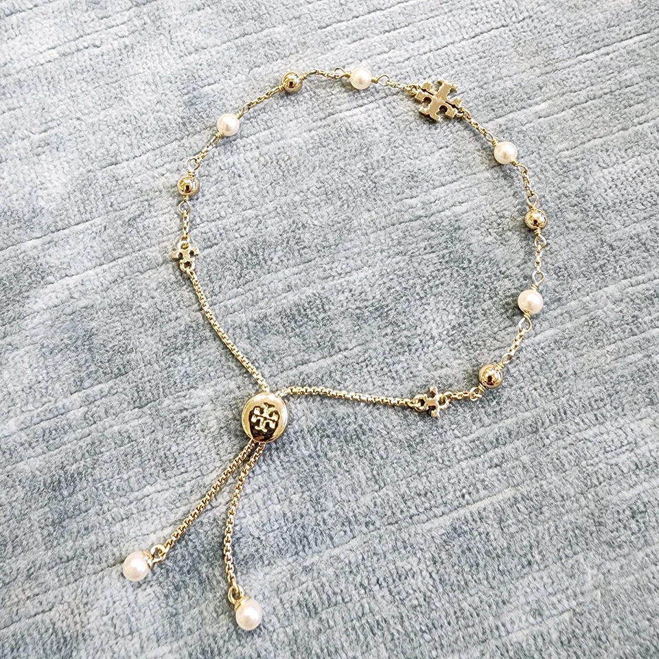 Authentic Tory Burch 18K Gold Plated Logo Pearl Beaded Slider Bracelet 164147 - Image 2 of 4