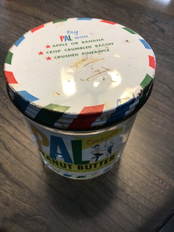 Vintage Pal Peanut Butter Glass Jar Bottle with Label and Lid 2 1/2 lbs