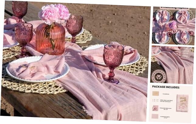 Cheesecloth Table Runner with Set of 8 Napkins Boho Romantic Rustic Dusty Pink