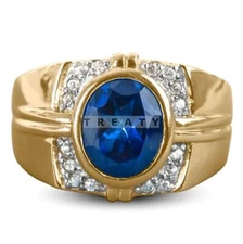 Blue Sapphire Oval Cut With 925 Sterling Silver Gold Plated Ring For Men #220 *