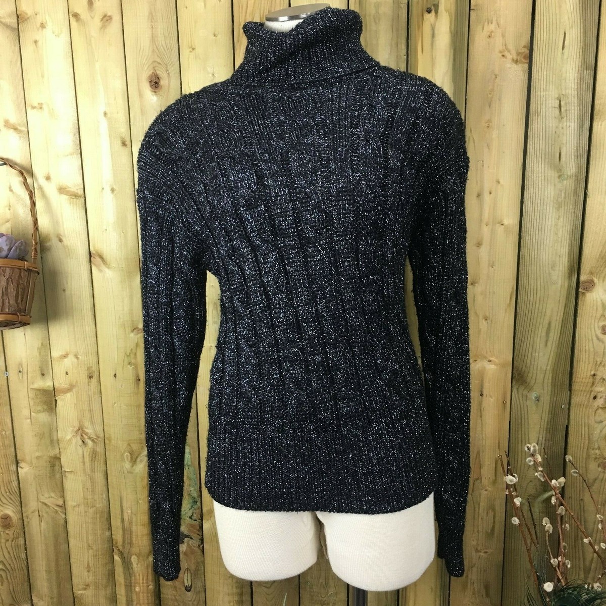 Vintage 80s Black Silver Metallic Liz Claiborne Turtleneck Sweater Medium