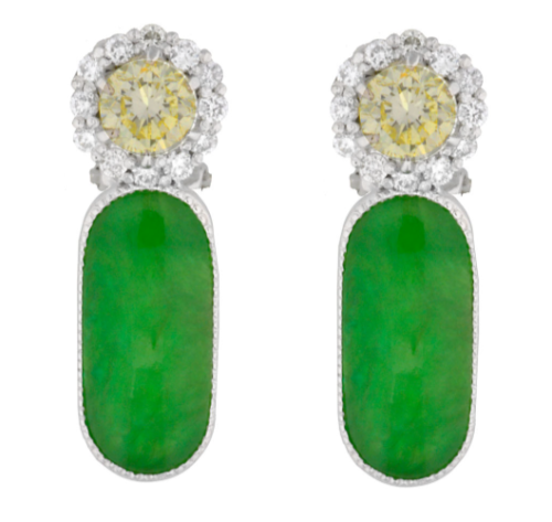 GIA Certified Natural Jadeite Jade Diamond Platinum Flower Earrings  - HM1715ZB - Picture 1 of 6