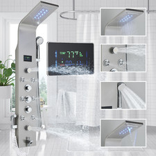 LED Brushed Rain Shower Panel Tower System with Massage Body Jets Hand Shower