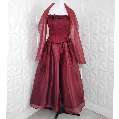 Vintage 90s Corset Strapless Dress Prom Bridesmaid Floral Bead Burgundy Red 11 M - Picture 2 of 22