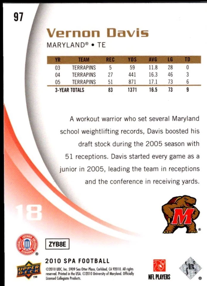 2010 SP Authentic Vernon Davis Maryland Terrapins #97 - Image 2 of 2