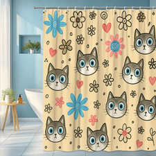 Cute Cat Floral Shower Curtain for Kids Bathroom Decor