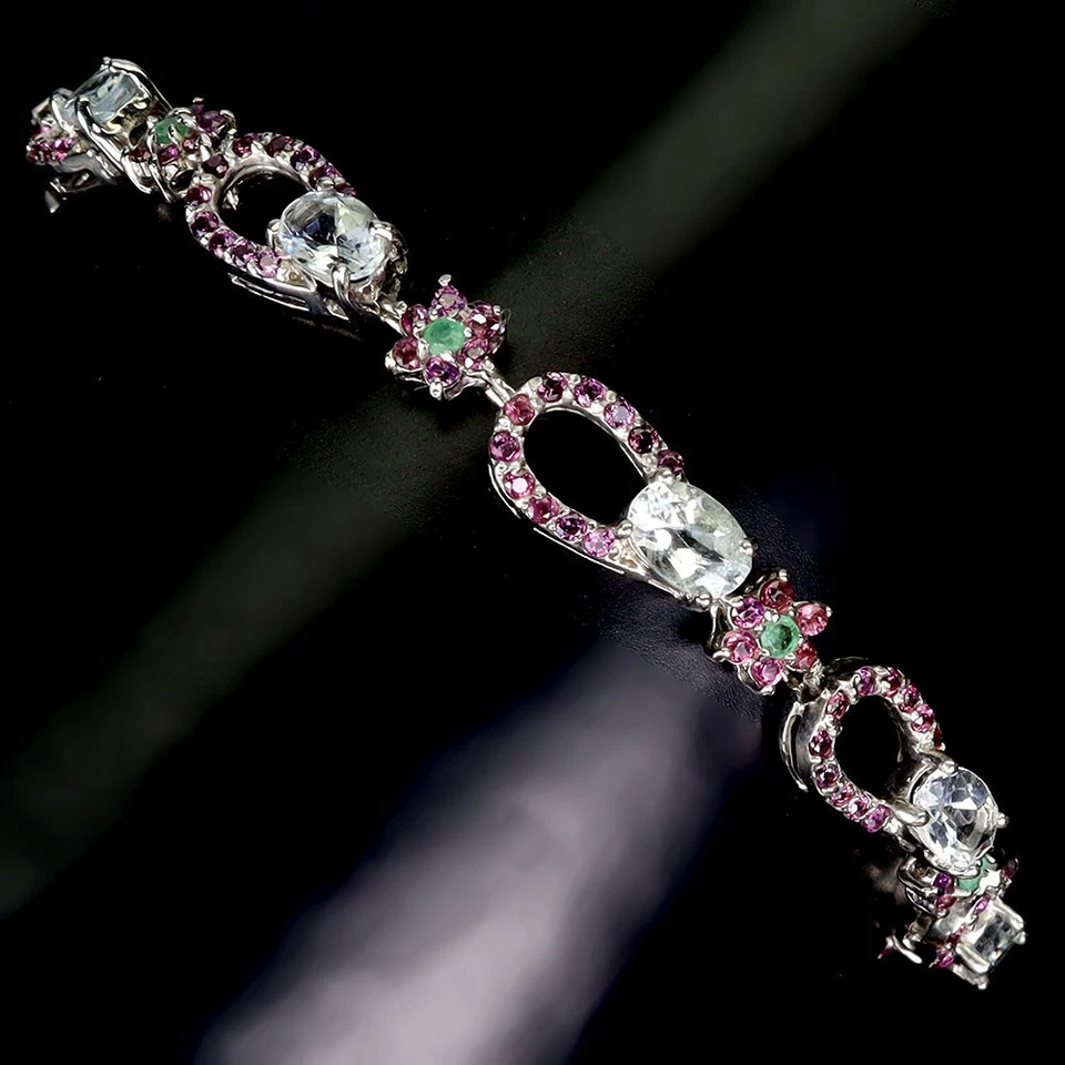 Pulsera de plata de ley 925 ovalada aguamarina rodolita piedras preciosas joyería 7,5 pulgadas Foto 2 de 4
