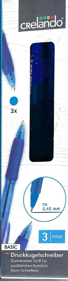 3 Druckkugelschreiber mit gummiertem Griff-blau, 0,45mm v. Crelando Neu & OVP