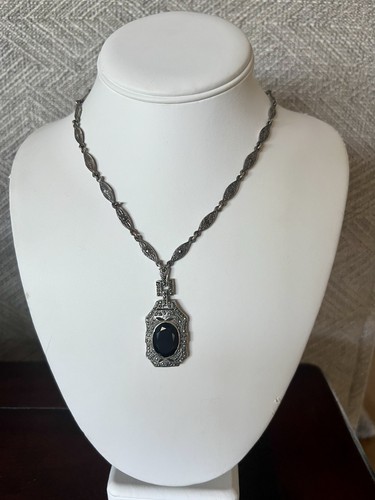 Vintage Art Deco Sterling Silver Black Onyx & Marcasite Signed Necklace 925