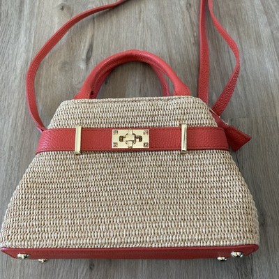 Pretty Spring Bag In Fresh Coral Leather And Raffia By Vera Pelle