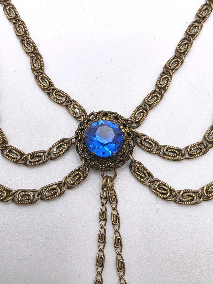 Винтажный ар-деко праздник синий кристалл зубца комплект три уровня латуни ссылка ожерелье - Изображение 2 из 4