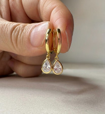 Gold Teardrop Huggie Hoop Earrings 925 Sterling Silver CZ Dangle Minimalist