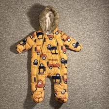 Baby Boys Mustard Vehicle Cars Snowsuit Hooded Pramsuit All In One 3-6 Months