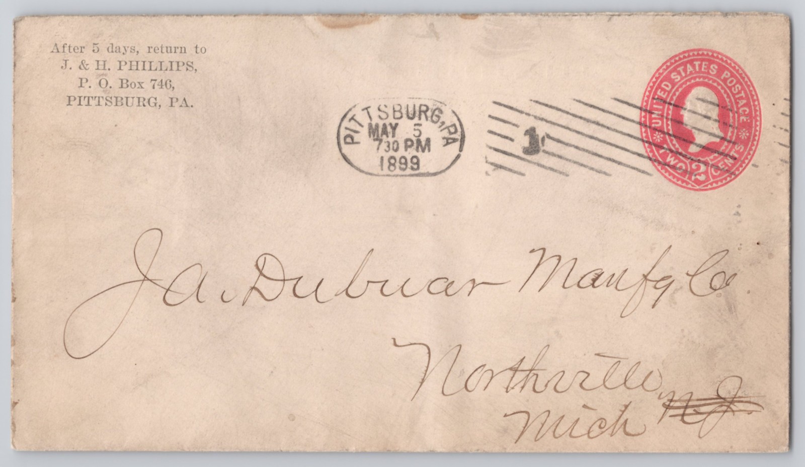 Pittsburg, PA 2c Postal Stationery to Northville, Mich., Un 1899