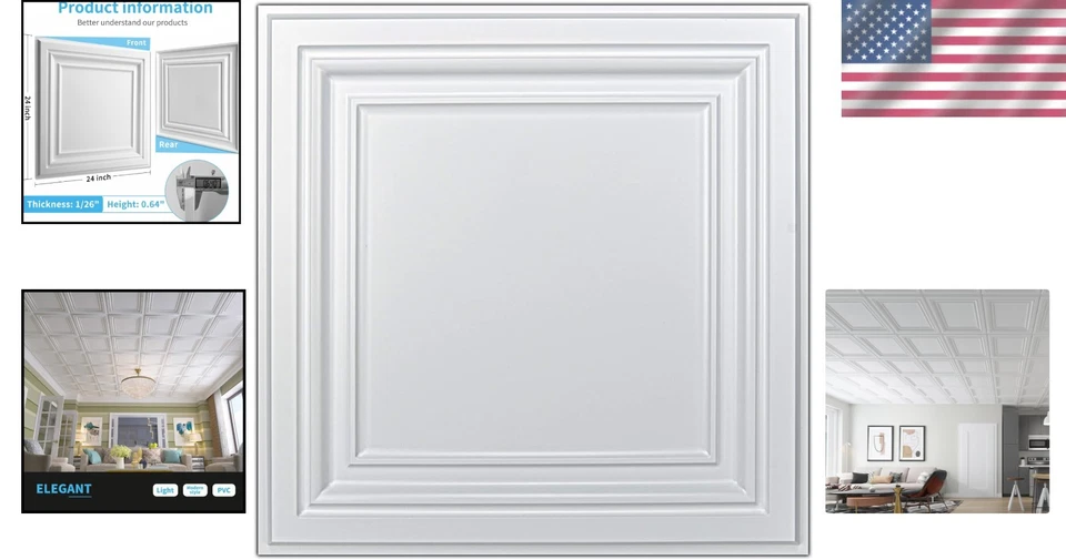 Azulejos de techo de PVC 2'x2' blancos paquete de 12 paneles de techo caídos resistentes al agua Foto 2 de 4