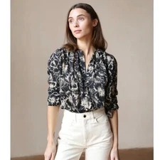 Mille Resort  Travel Florian Button Front Blouse Small Black Hibiscus Top Cotton