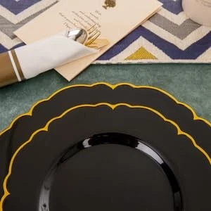 Morejoy 175 PIEZAS Placas de Plástico Negro Dorado, Placas Desechables Negras con Pre Foto 2 de 4