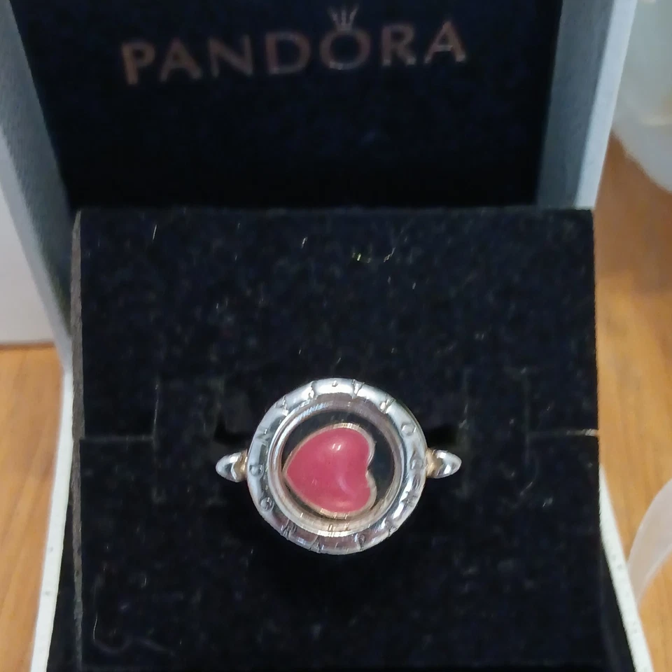 Genuine Pandora Signature Logo Floating Locket Ring  with pink heart charm 56 - Image 2 of 4