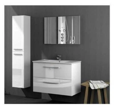 Mobile Bagno sospeso 80 cm 2 cassetti con LAVABO, SPECCHIO e COLONNA bianco
