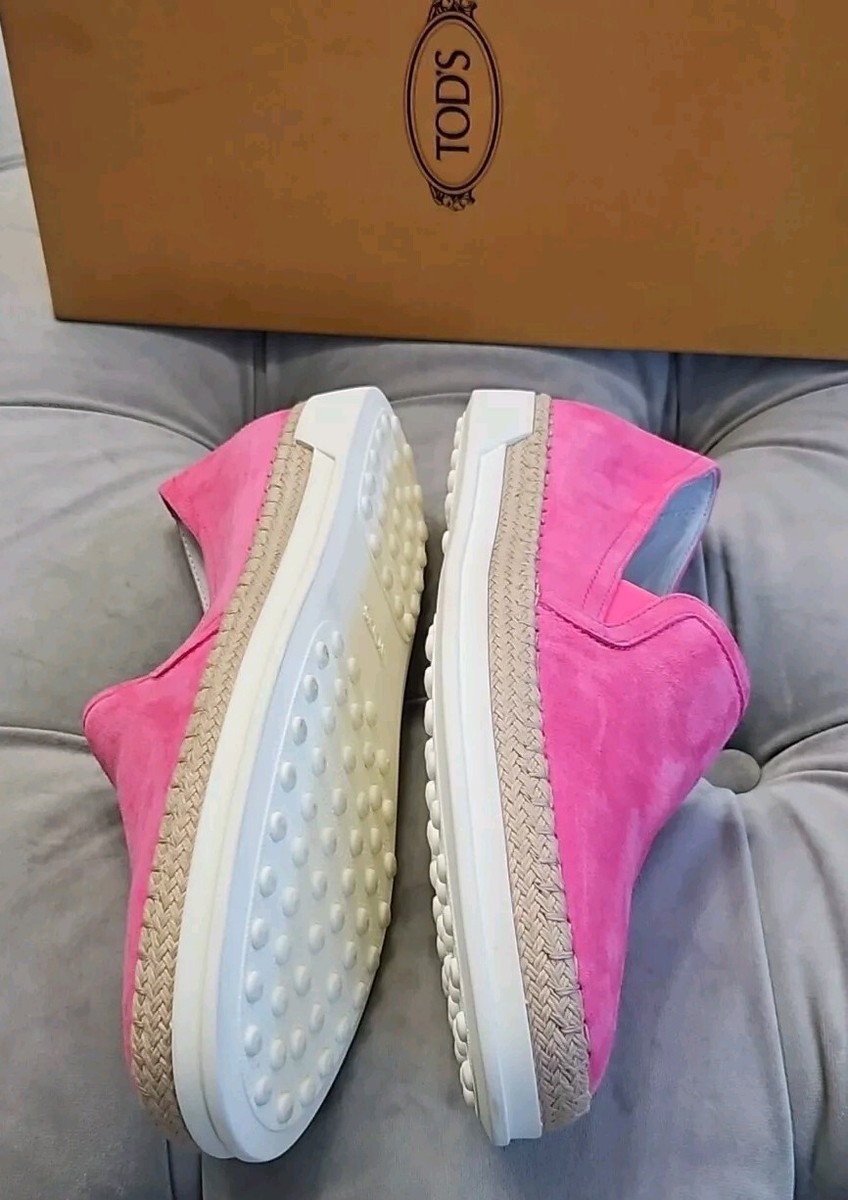 Tod's Gomma Rafia TV Pelle Hot Pink Suede Slip On Loafers Womens