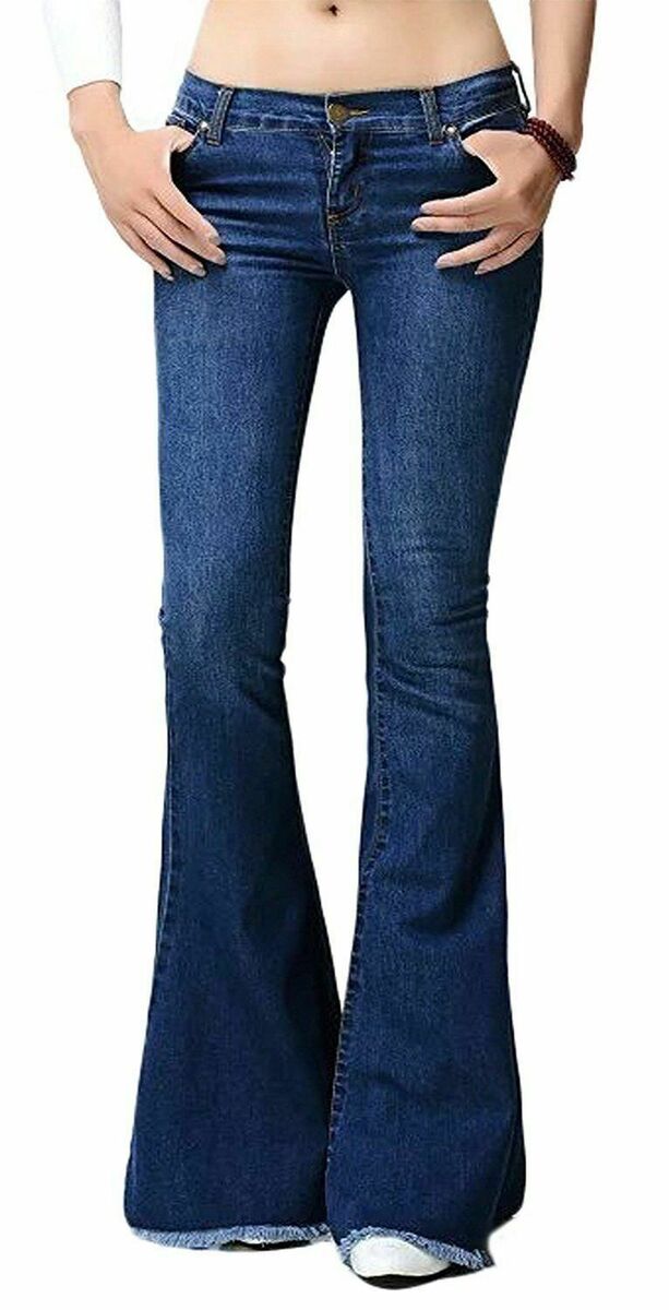 Women's Mid Rise Tassel Bell Bottom Flared Jeans Denim Pants - Blue / XS