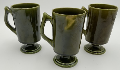 3 Original MCM Ceramic MUGS Cups Green Glaze Blue Poppy Swirl Pattern JAPAN MINT - Picture 5 of 7