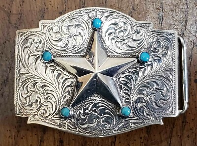 Douglas Magnus .925 Sterling Silver Repousse Star Belt Buckle Engraved Patterns