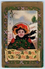 Christmas Postcard Girl With Holly Berries In Basket Winter Scene Embossed 1912
