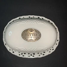 THL Classic French Cottage Butter Dish w/Lid Bronze inlay Lace Edge