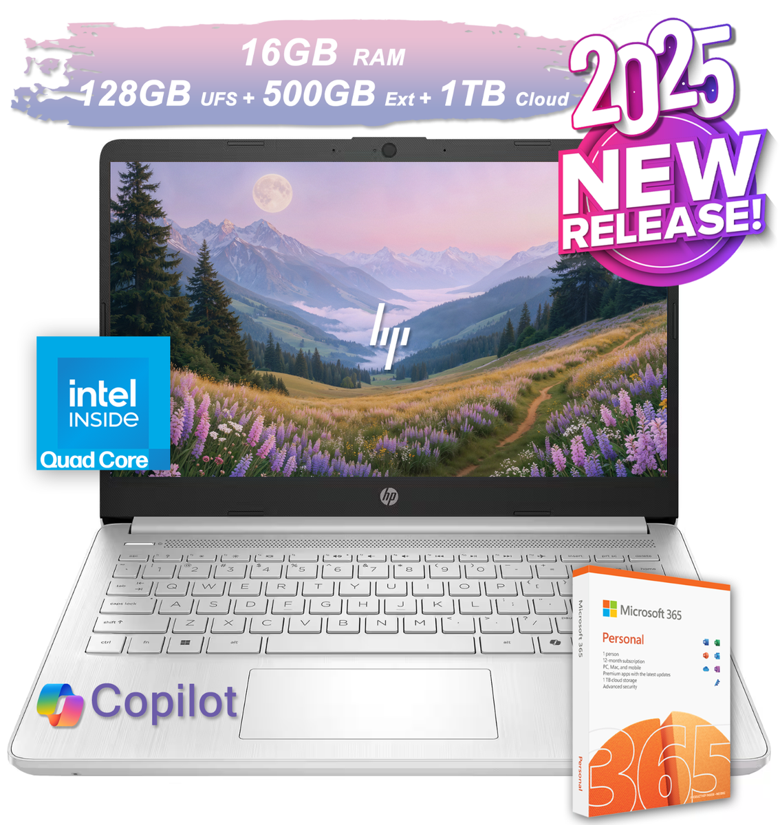2025 HP Laptop Computer 14 Quad-Core Intel Processor 16GB RAM 628GB Storage