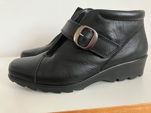 Hotter Tamara Black Leather Ankle Boots, Hook & Loop Fastening, Size 6.5 UK