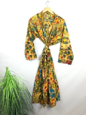 Indian Yellow Cotton Kimonos Frida Kahlo Kimono Night Maxi Dress Kimono Robes US