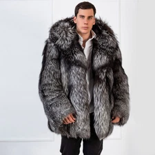 Luxury Men Real Silver Fox Fur Coat Hooded Winter Thick Jacket Full Pelt Outwear