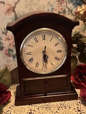 Vintage Wooden Mantel Clock; Dark Walnut W/Traditional Heirloom Design & Drawer