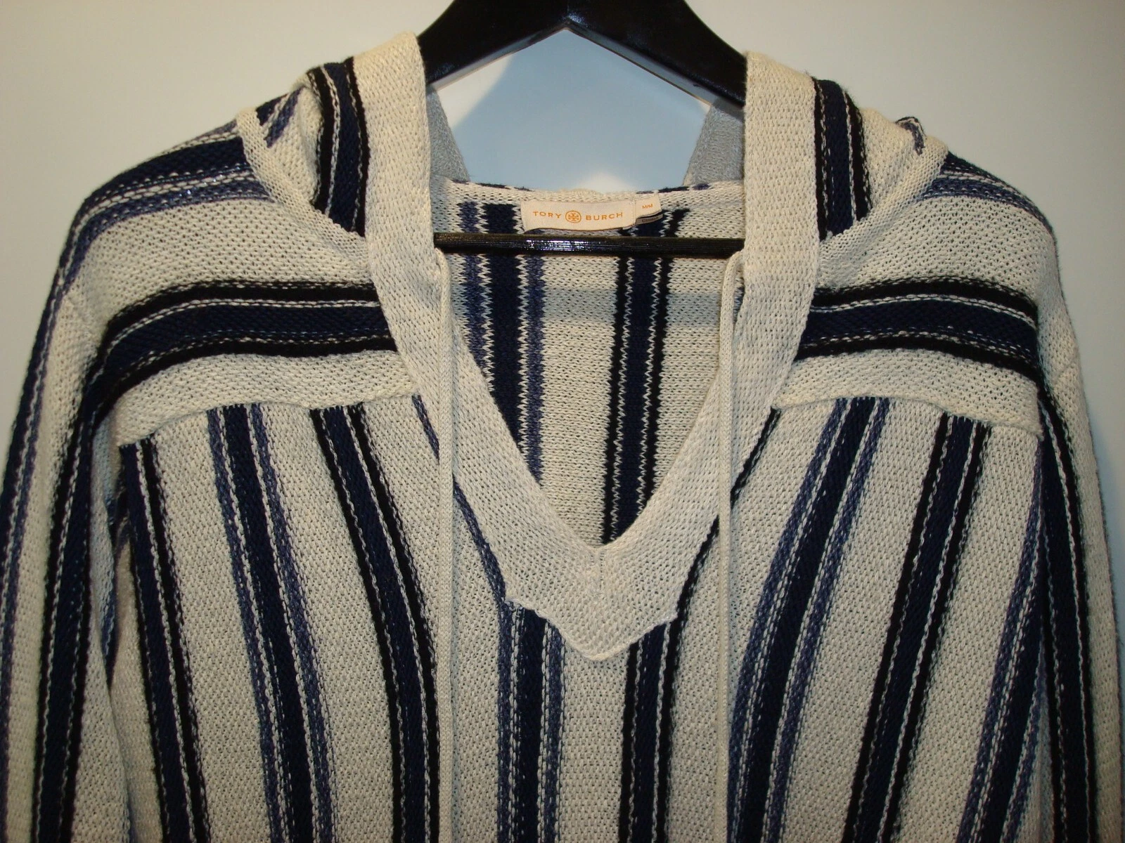 Felpa con cappuccio pullover GUC Tory Burch taglia Med Runway Baja misto lino tunica righe blu
