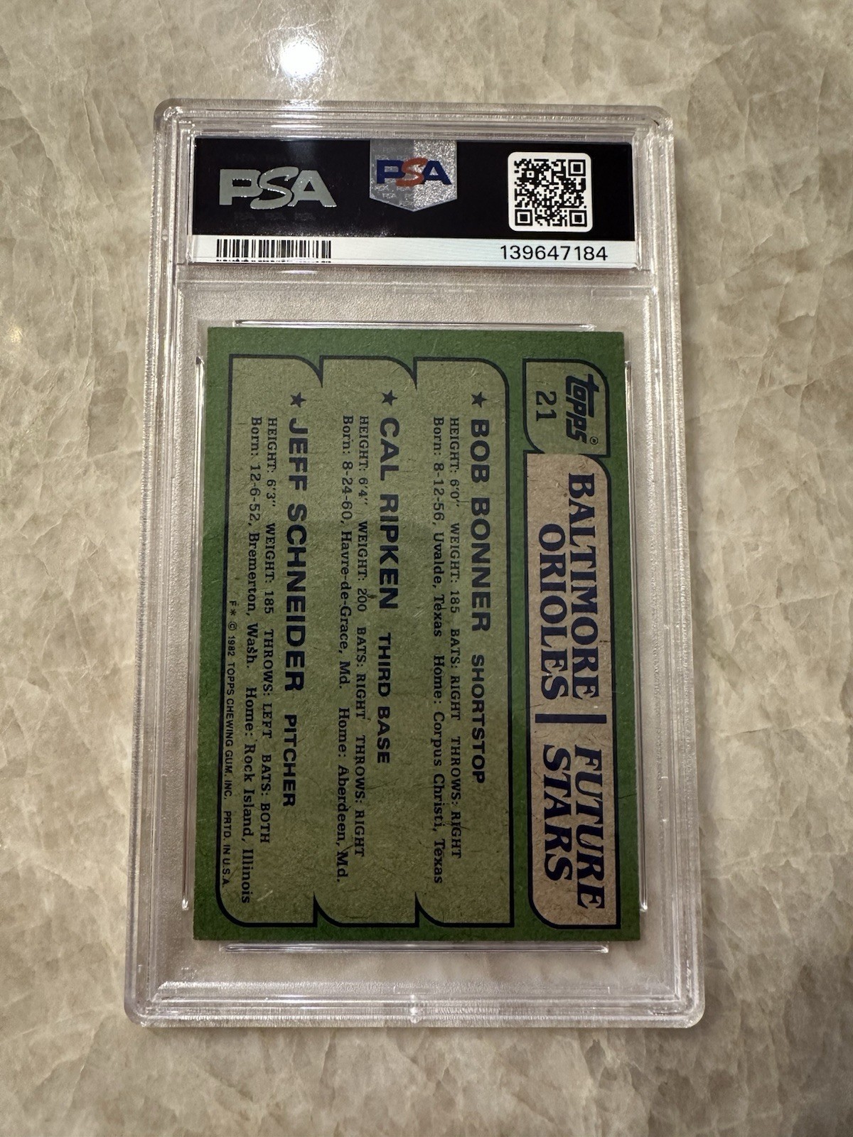 1982 TOPPS ORIOLES FUTURE STARS #21 BONNER/RIPKEN/SCHNEIDER ROOKIE RC PSA 8 view 5