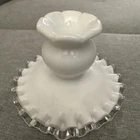 Vintage FENTON Spanish Lace w/ Silver Crest White Milk Glass Candle Holder 3" T